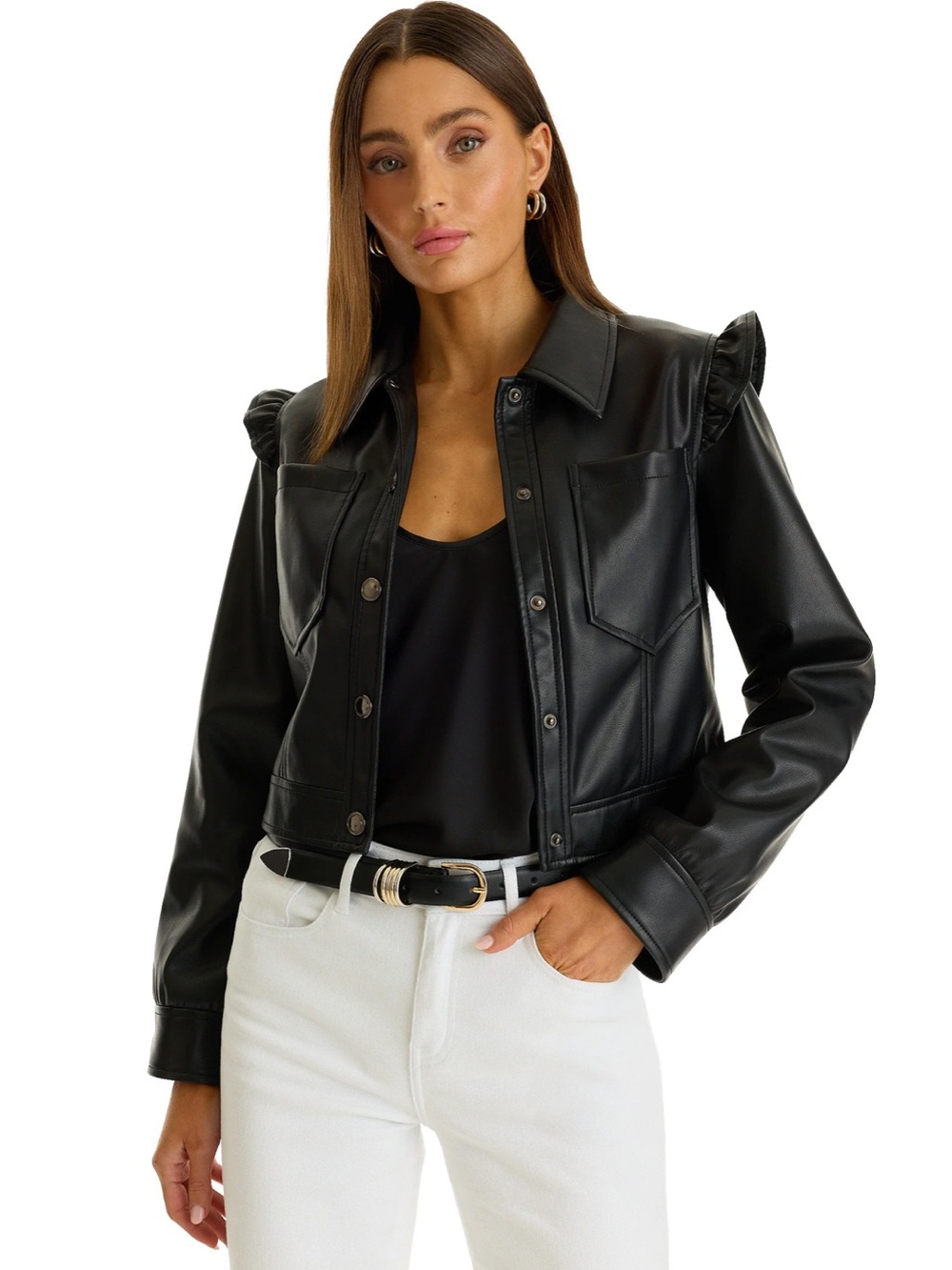 The Noli Shop Women's Black Faux Leather Ruffle-Shoulder Jacket Sz M
